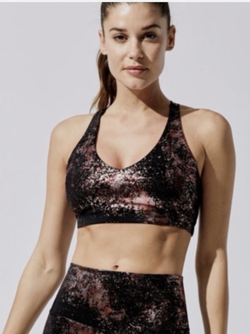 Carbon38 Art Foil High Rise Leggings and Sports Bra Rose Gold Metallic